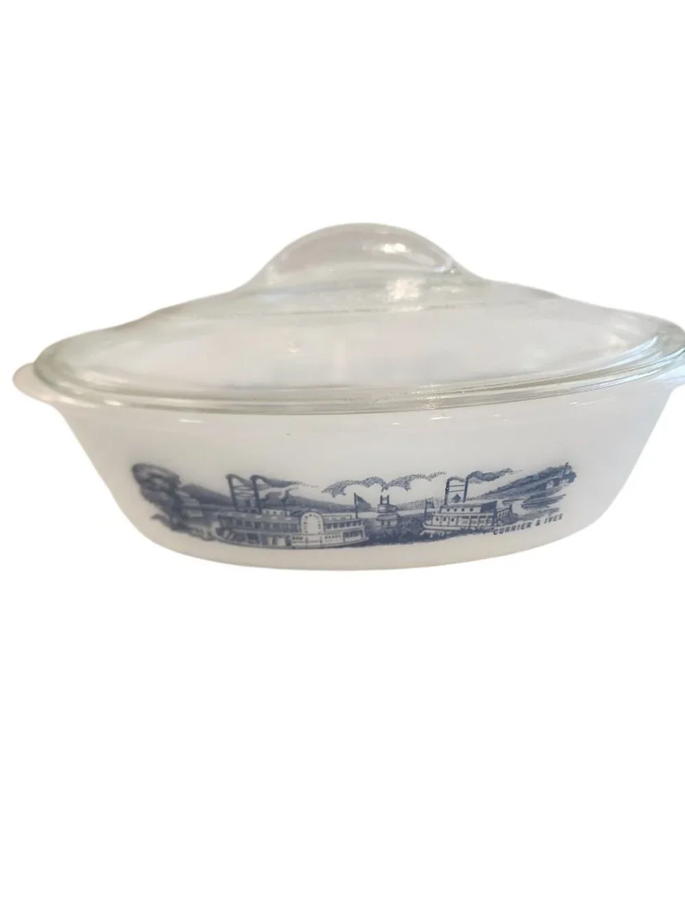 Currier & Ives Milk Glass Oval Casserole Pan w/Lid 9 x 2.5 x 7